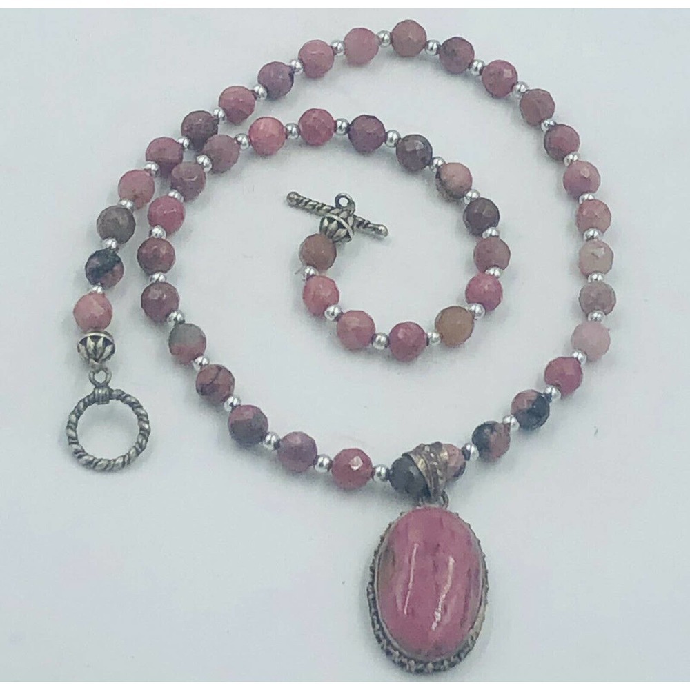 Sterling Silver pink Rhodondite pendant Faceted Bead Necklace Artisan - Picture 9 of 12